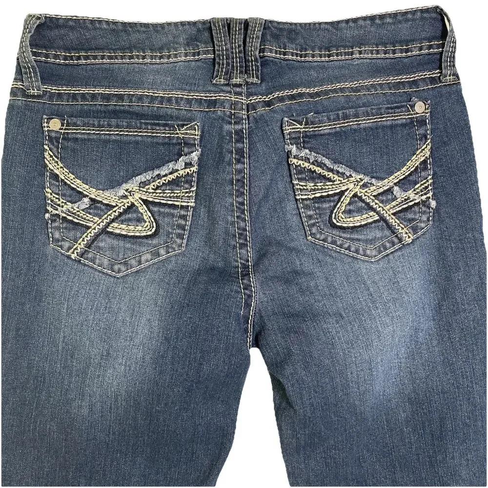 WallFlower Jeans Women’s 7 Blue Skinny Stretch Contrast Selvage Cuff Distressed